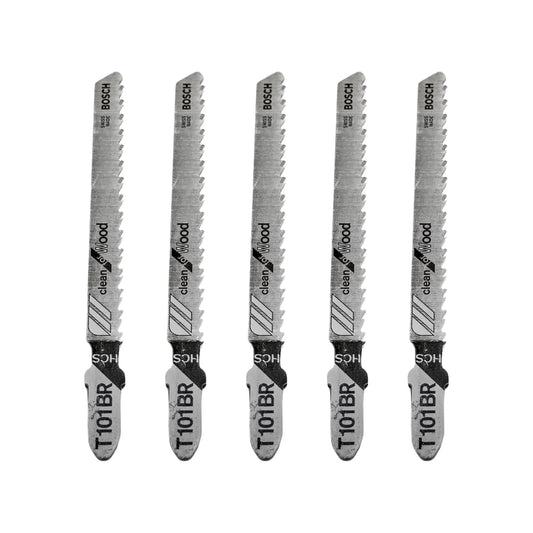 Juego de 5 seguetas Bosch T101BR HCS para caladora, corte limpio en madera, vástago tipo T