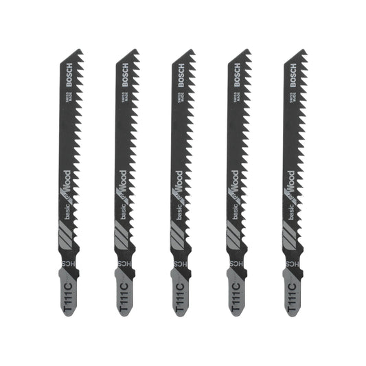 5 seguetas Bosch T111C HCS tipo T para caladora, corte en madera, gris oscuro, Swiss Made