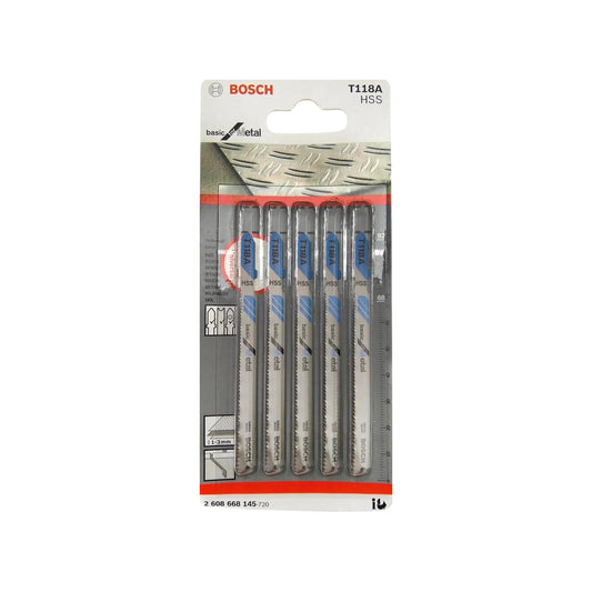 Paquete 5 seguetas Bosch T118A HSS para caladora, corte metal 1-3mm, tipo T.