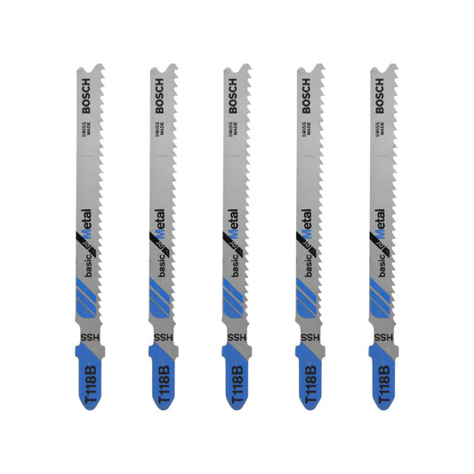 5 seguetas Bosch HSS T118B tipo T para caladora, corte básico de metal, color plata y azul.