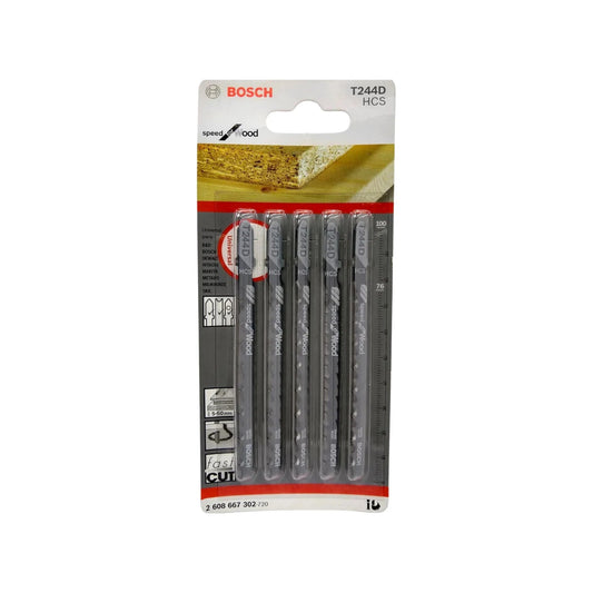 Set de 5 seguetas Bosch T244D HCS para caladora, corte rápido en madera 5-50mm, tipo T-shank.