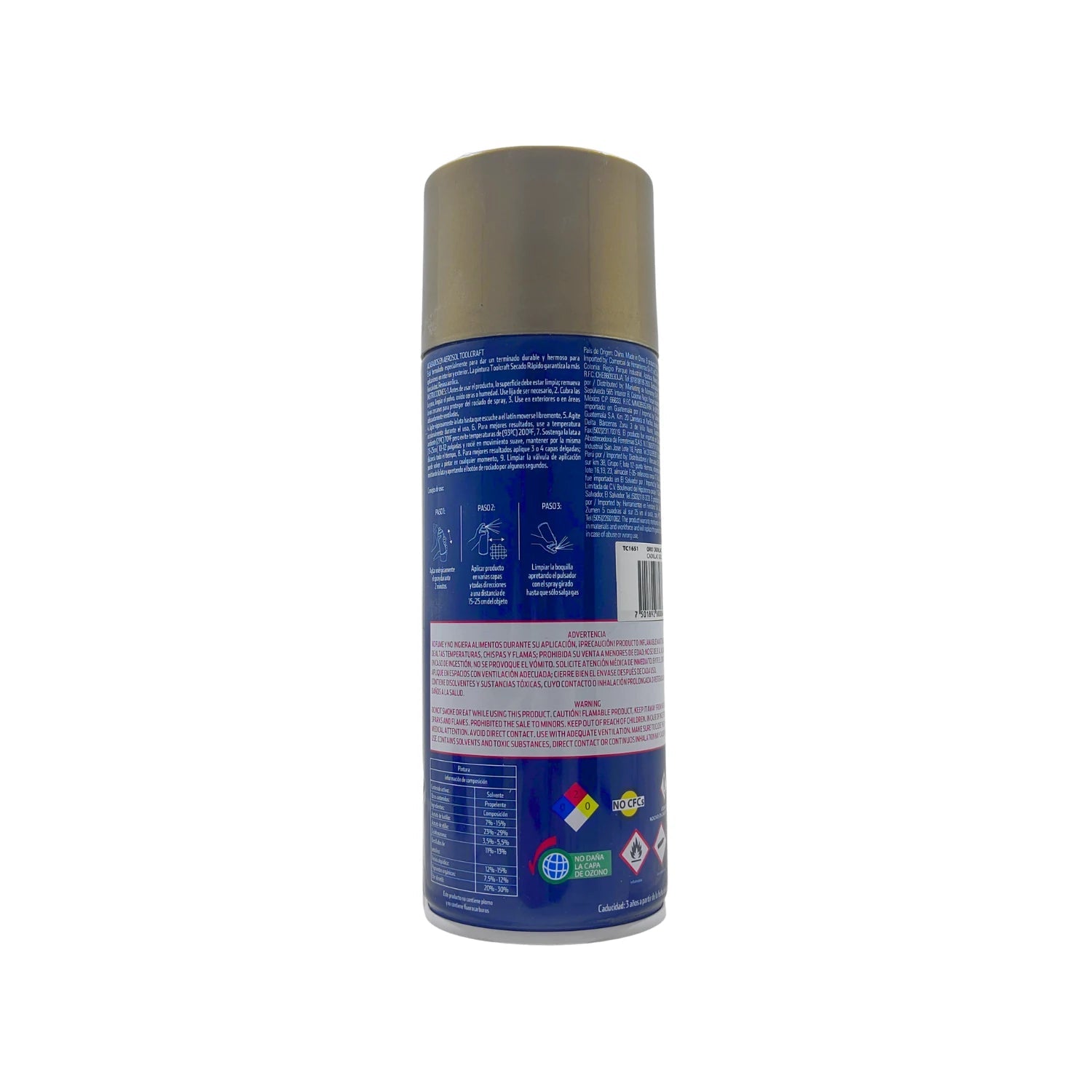Pintura en aerosol Toolcraft color oro metálico 400ml para acabados decorativos y de ferretería
