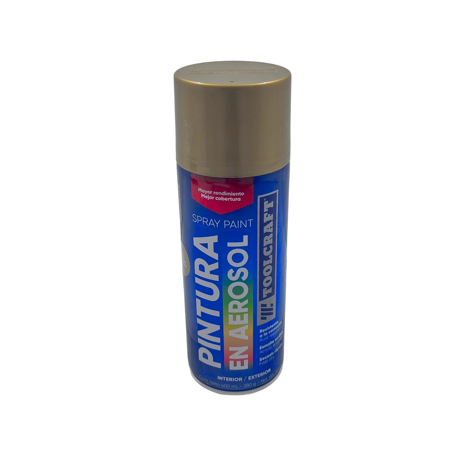 Pintura en aerosol Toolcraft oro metálico 400ml, esmalte acrílico para interior/exterior, resistente a corrosión, secado rápido.