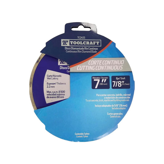Disco diamantado Toolcraft TC2433 7" corona continua para concreto, ladrillo y mármol. Corte húmedo.
