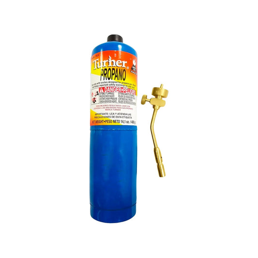Soplete Turner de propano con cilindro azul 400g y cabezal de latón. Kit de gas para soldadura y calefacción.
