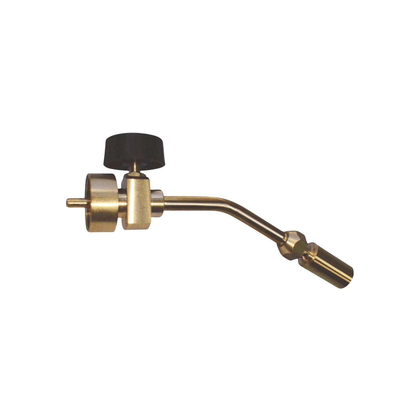 Quemador de soplete a gas portátil de latón con válvula reguladora y perilla negra, ideal para trabajos de soldadura.
