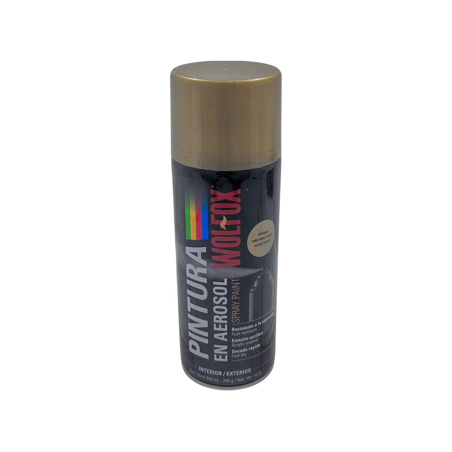 Pintura en aerosol Wolfox WF0686 oro brillante 300ml, esmalte acrílico resistente a la corrosión secado rápido.