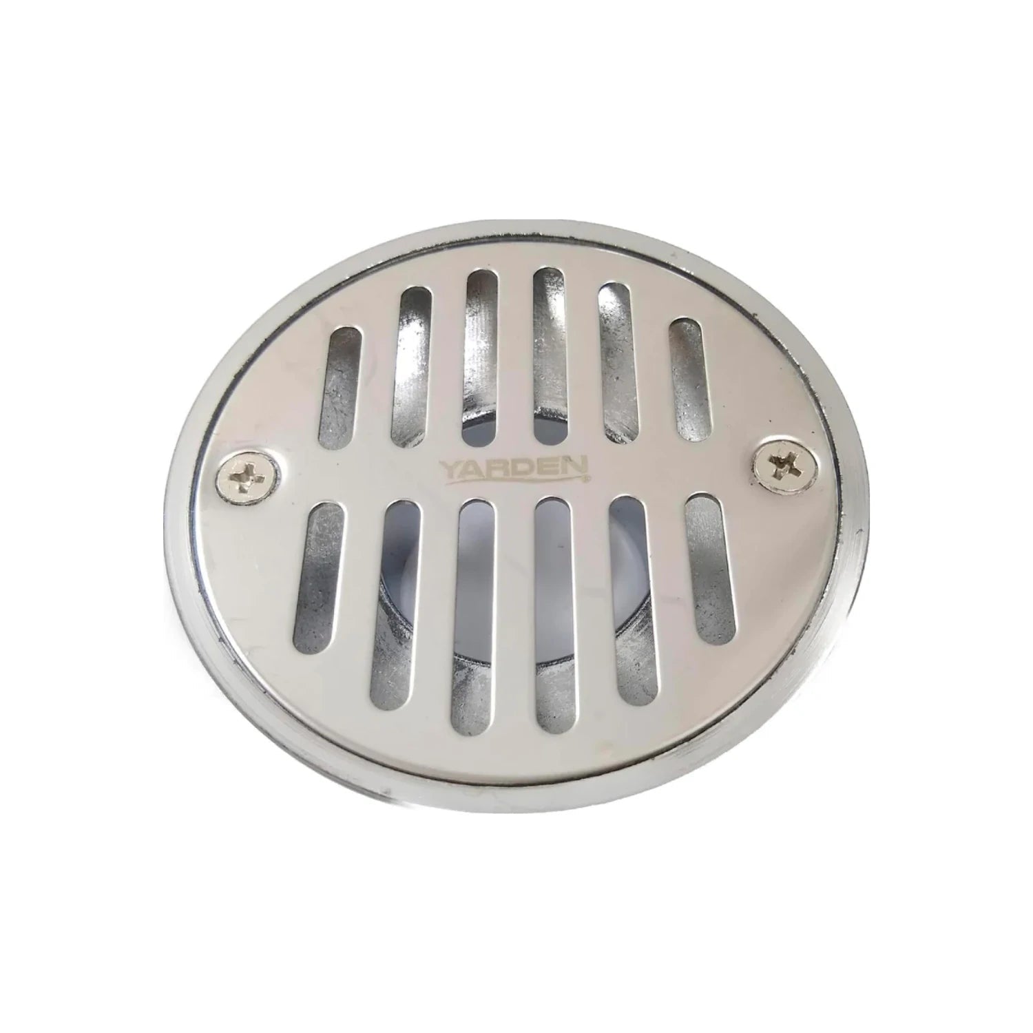 Coladera de zinc YARDEN redonda 3 1/2", rejilla de rayas, acabado cromado brillante